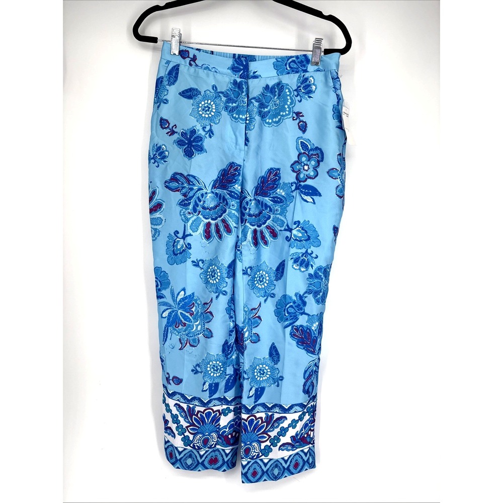 Magaschoni Floral Straight Leg Pants Small Blue Paisley Cropped Ankle Coastal